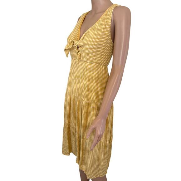 Everly Gingham yellow white checkered plaid knot tie tiered dress short SZ SM - Picture 3 of 8
